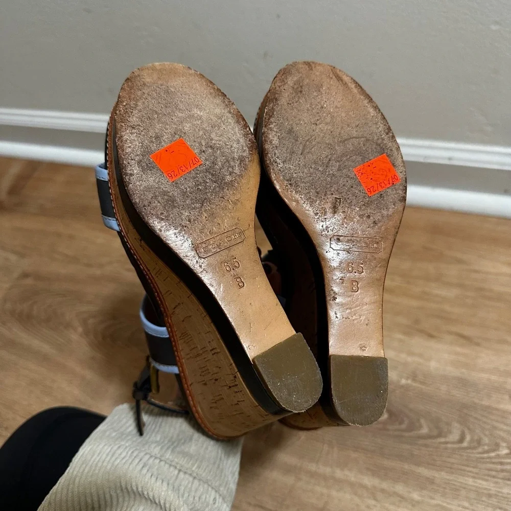 Coach | Women's Brown Blue Leather Tassel Cork Platform Wedge Sandals, 6.5B